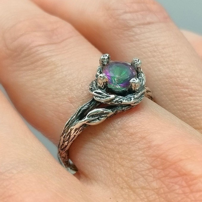 Gothic Nature-Inspired Ring with Mystic Topaz|Unique Gothic Dark Engagement Ring 