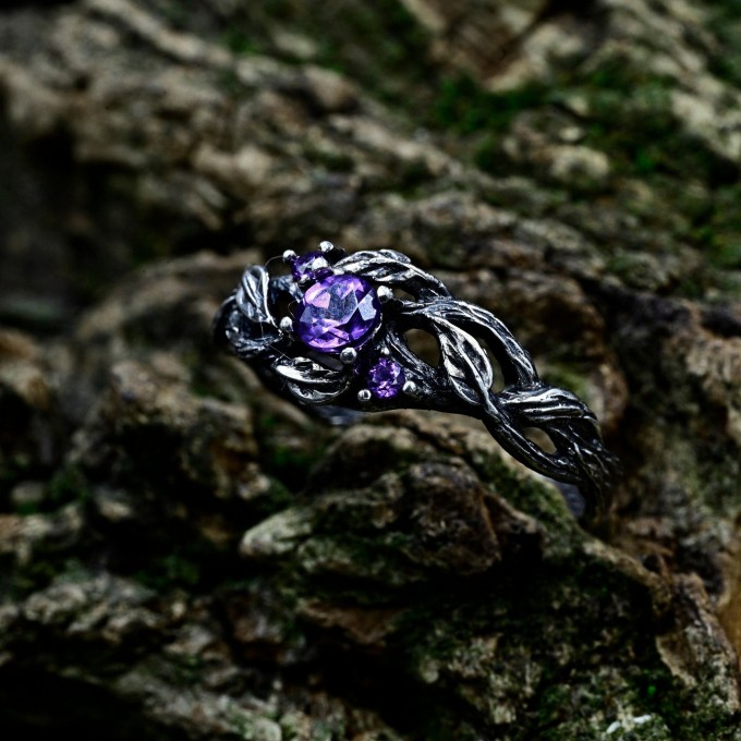 Amethyst Silver Ring with Intricate Fantasy Design