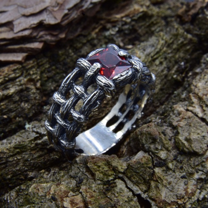 Gothic Garnet Ring with Intricate Bold Design