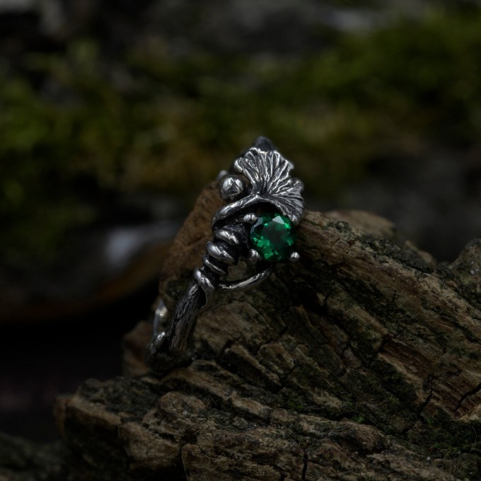 Forest Grace: Gothic Sterling Silver Ring with Emerald Gemstone