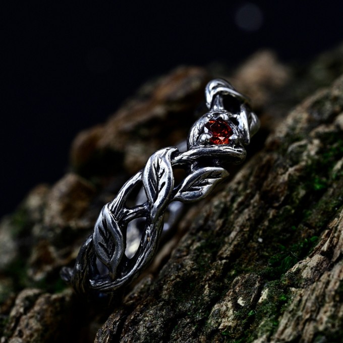 Twisting Vine Gothic Ring with Radiant Garnet