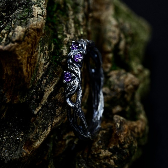 Gothic Silver Ring with Amethyst and Nature Motif