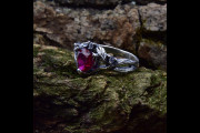 Fantasy Wedding Ring for Women with Ruby, Vintage Elvish Engagement Ring with Nature Inspired Design, Unique Silver Ring for Her