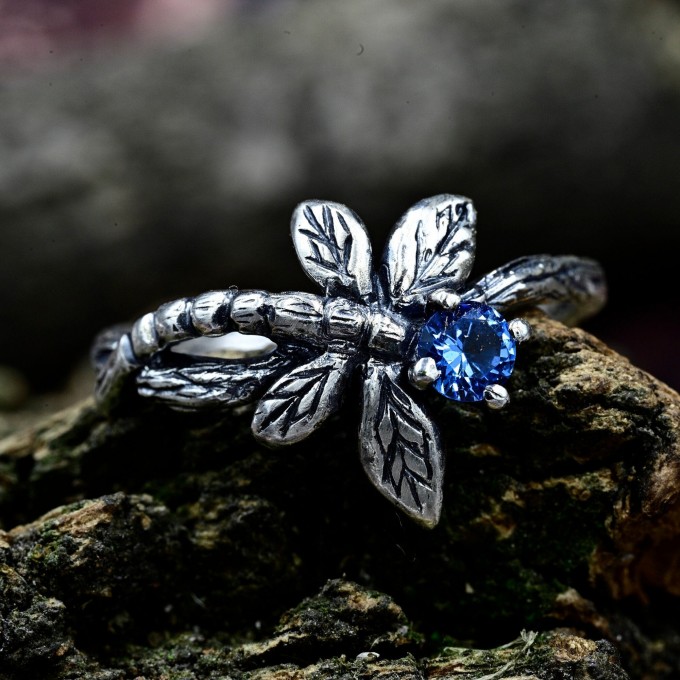 Gothic Silver Ring with Dragonfly and Blue Topaz