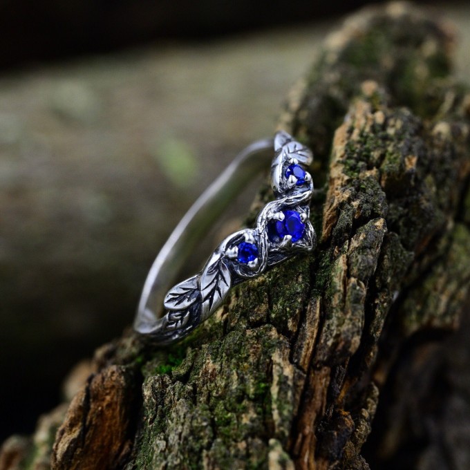 Gothic Silver Ring with Sapphire and Vine Motif