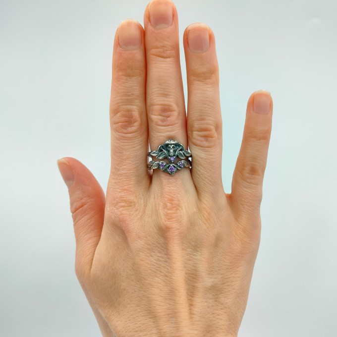 Gothic Amethyst Ring with Enchanted Mushroom Motif