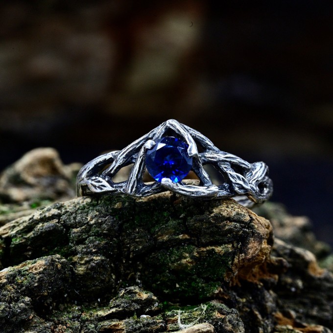 Gothic Silver Ring with Sapphire and Twisting Vines