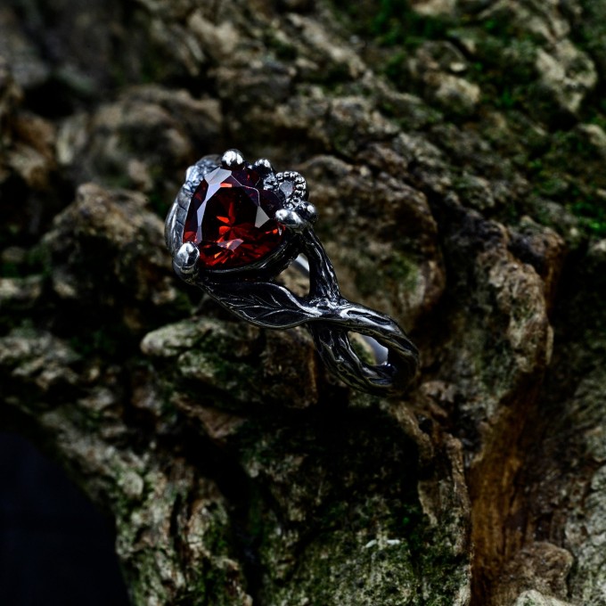 Bold Gothic Ring with Fiery Garnet Gemstone