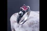 Gothic Skull Ring with Garnet Stone, Unique Gothic Style Engagement Ring, Silver Garnet Ring, Perfect Gift for Her