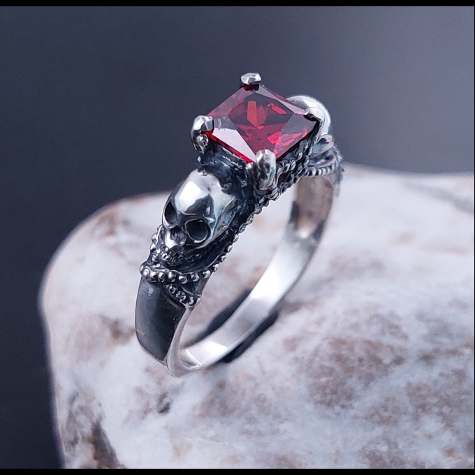 Ruby Gothic Skull Ring with Bold Statement Design