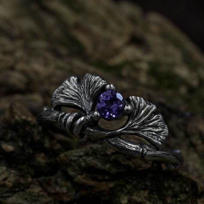 Gothic Silver Ring with Amethyst and Leaf Motif