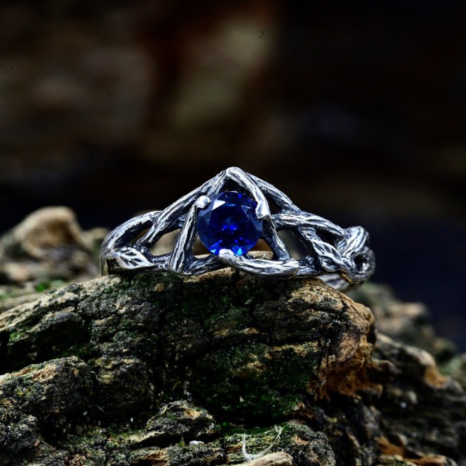 Twilight Crown: Gothic Sterling Silver Ring with Sapphire Gemstone