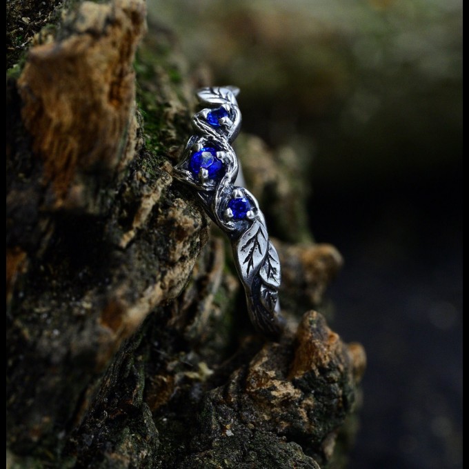 Gothic Silver Ring with Sapphire and Vine Motif