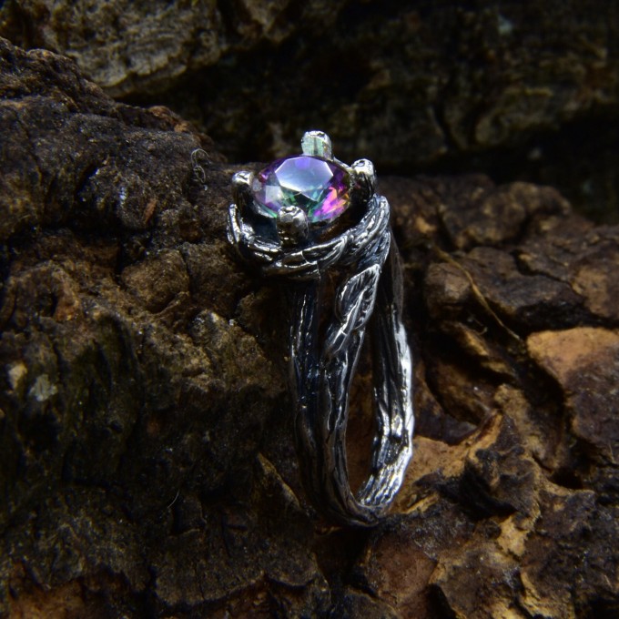 Gothic Nature-Inspired Ring with Mystic Topaz|Unique Gothic Dark Engagement Ring 