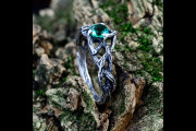 Unique Fantasy Vintage Engagement Ring for Woman, Silver Tree Bark Ring with Emerald, Elvish Woodland Wedding Band with Birthstone