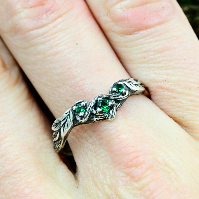 Whispers of the Forest: Sterling Silver Ring with Emerald Accents
