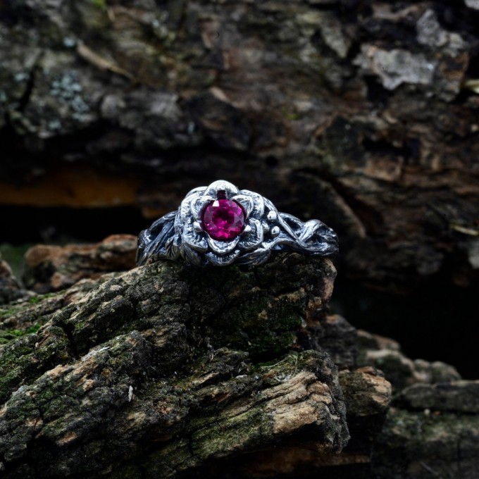 Thorned Bloom: Gothic Sterling Silver Ring with Enchanted Ruby