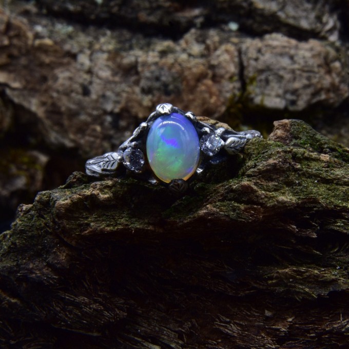 Gothic Moonstone Ring with Enchanted Branch Motif