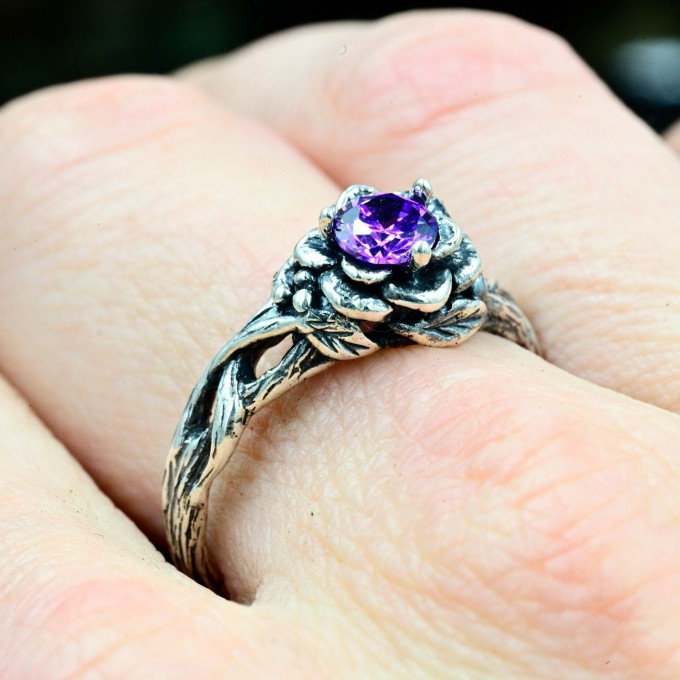 Throne of Twilight: Gothic Sterling Silver Ring with Amethyst Gemstone