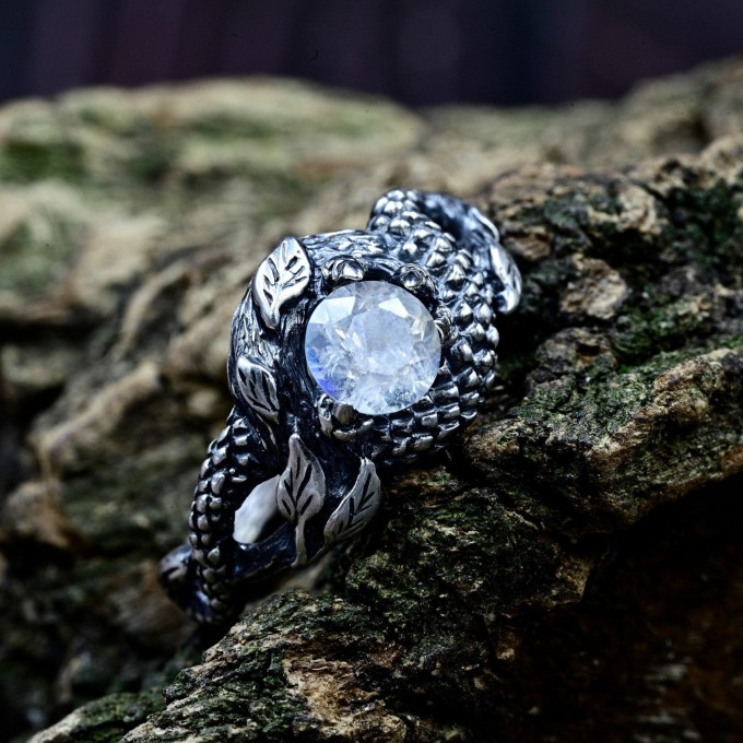 Bold Gothic Ring with Moonstone and Claw Motif