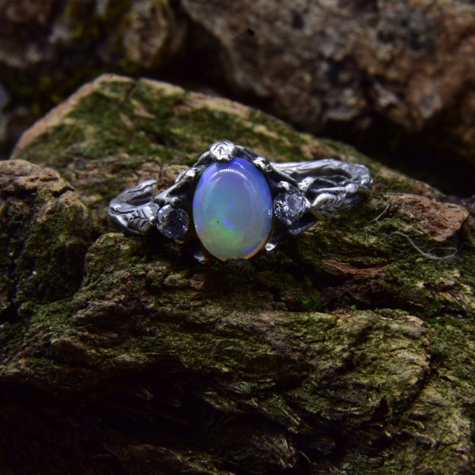 Gothic Moonstone Ring with Enchanted Branch Motif