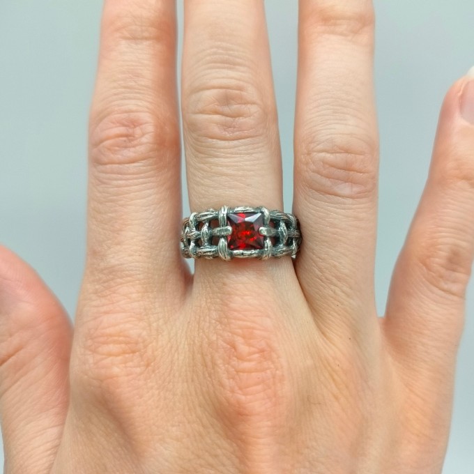 Bold Gothic Chain Ring with Garnet Gemstone