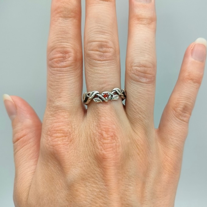 Gothic Silver Ring with Garnet and Twisted Vines