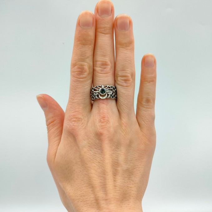 Gothic Silver Ring Featuring Black Onyx and Moon Motif