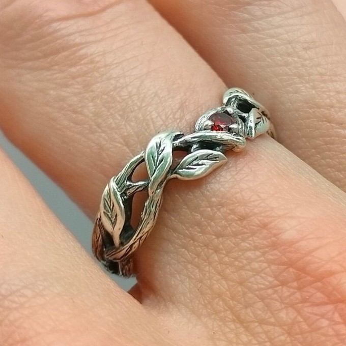 Gothic Silver Ring with Garnet and Twisted Vines