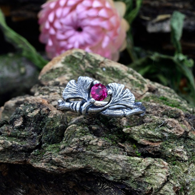 Elegant Gothic Floral Ring with Ruby Gemstone