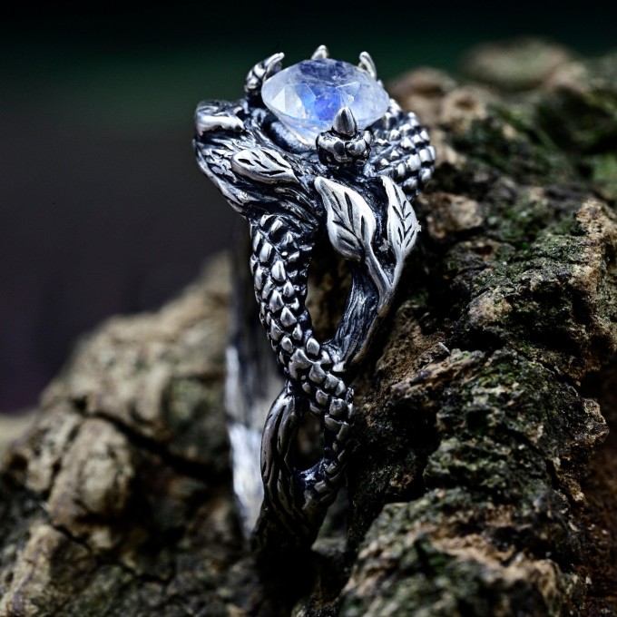 Bold Gothic Ring with Moonstone and Claw Motif
