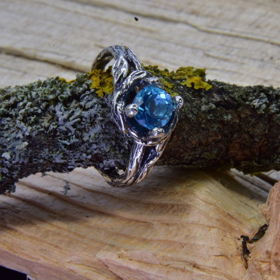 Artisan Twisted Twig Engagement Ring with Blue Aquamarine Stone for Women, Perfect Valentine's Day Tree Bark Promise Ring with Leaf