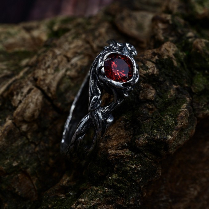 Gothic Ring with Fiery Garnet and Organic Design|Nature-Inspired Wedding Jewelry
