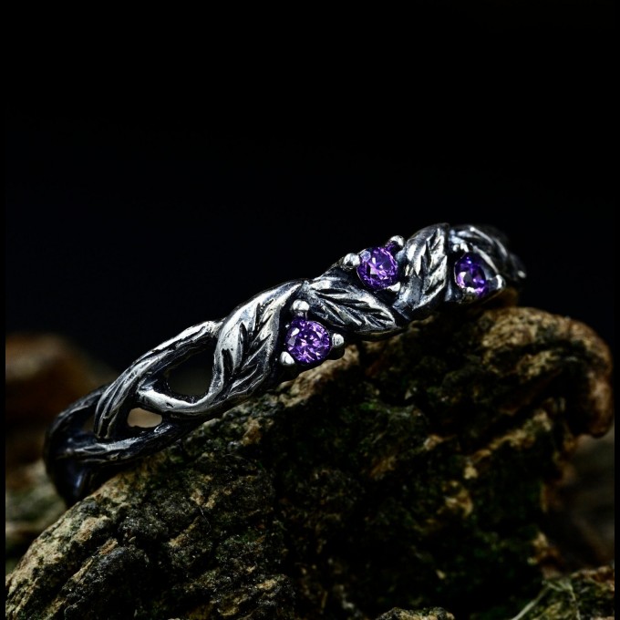 Gothic Silver Ring with Amethyst and Nature Motif
