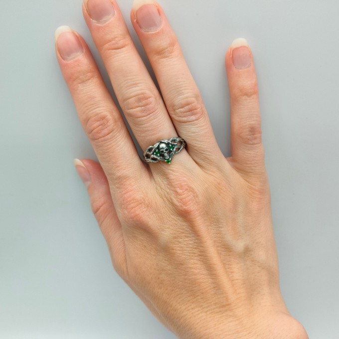 Bold Gothic Skull Ring with Emerald Details