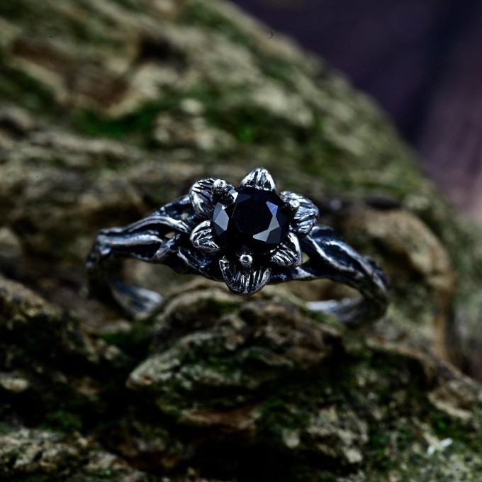 Gothic Obsidian Ring with Enchanted Floral Motif