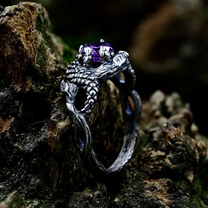 Embrace of Power: Sterling Silver Dragon Ring with Amethyst Gemstone