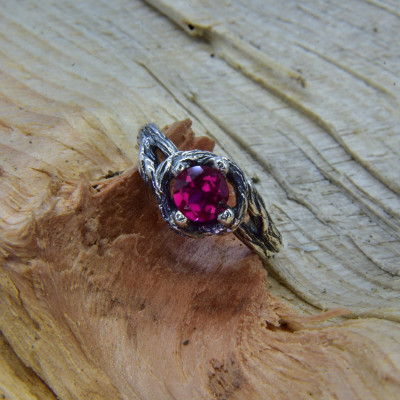 Celtic Branch Vintage Engagement Ring with Ruby, Unique Estate Wedding Band for Woman, Silver Tree Branch Ring with Forest Theme