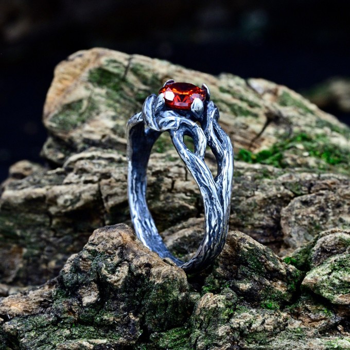 Gothic Ruby Ring with Twisting Vine Design