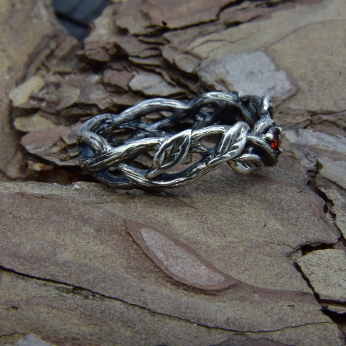 Gothic Garnet Ring with Twisting Nature Motif