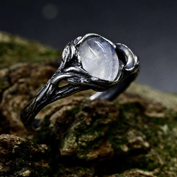 Gothic Moonstone Ring with Elegant Swirling Design