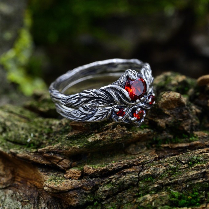 Gothic Garnet Ring with Enchanted Nature-Inspired Design