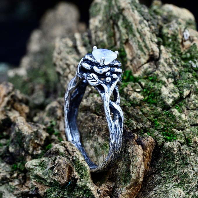 Elegant Gothic Floral Ring with Moonstone