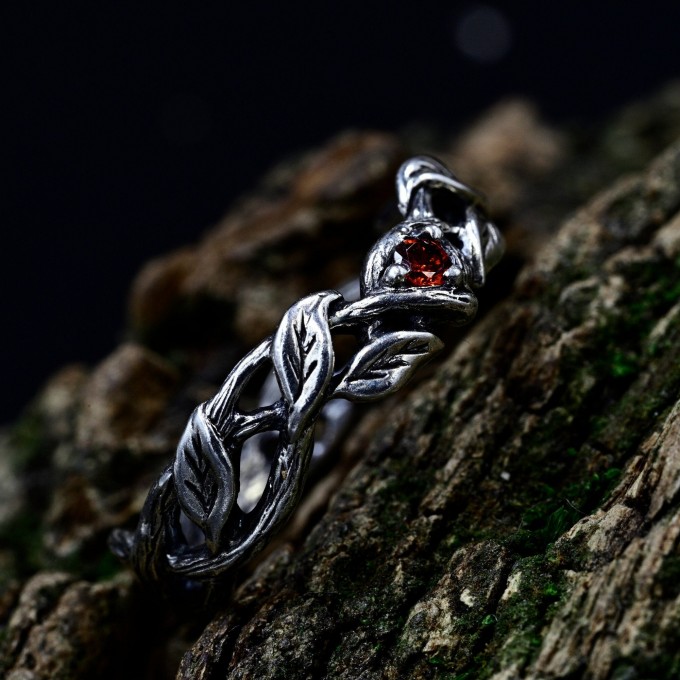 Gothic Silver Ring with Garnet and Twisted Vines