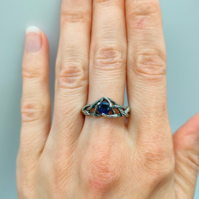 Gothic Silver Ring with Sapphire and Twisting Vines