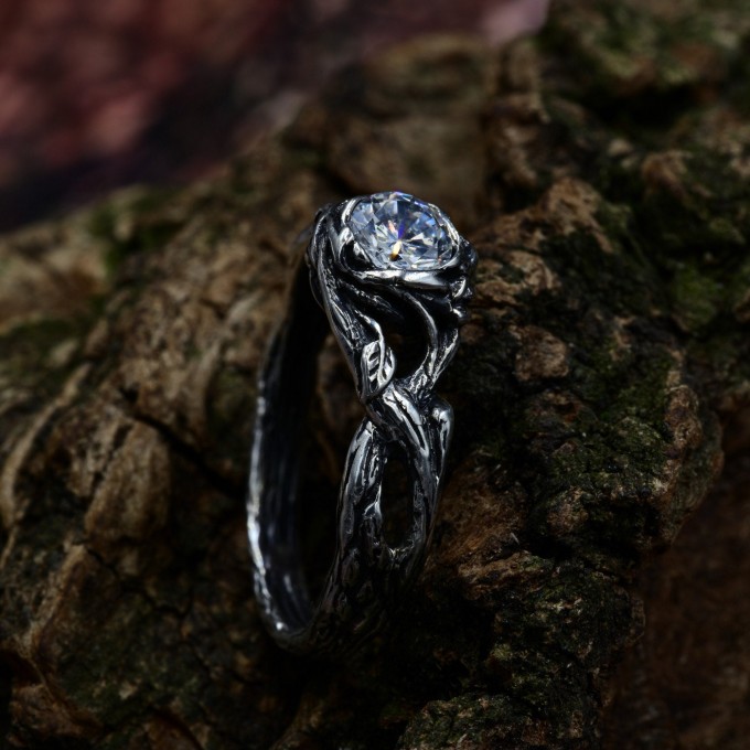 Elegant Gothic Ring with White Topaz Gemstone|Unusual Nature-Inspired Engagement Ring