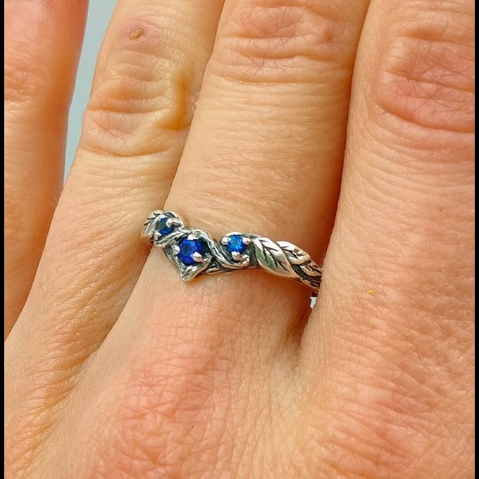 Gothic Silver Ring with Sapphire and Vine Motif