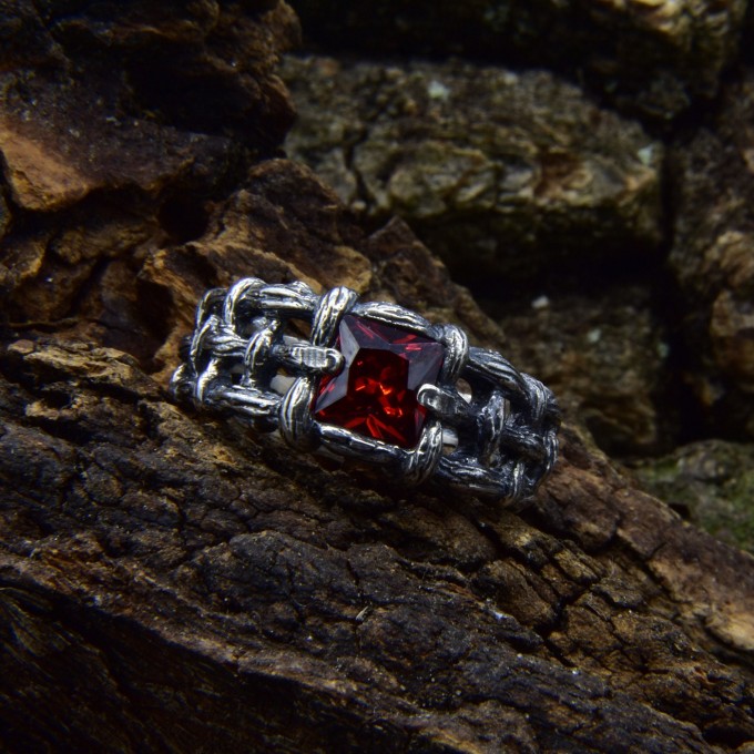 Bold Gothic Chain Ring with Garnet Gemstone