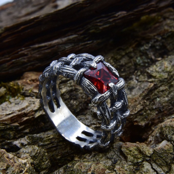 Gothic Garnet Ring with Intricate Bold Design