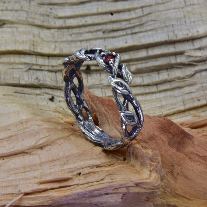 Gothic Garnet Ring with Twisting Vine Motif